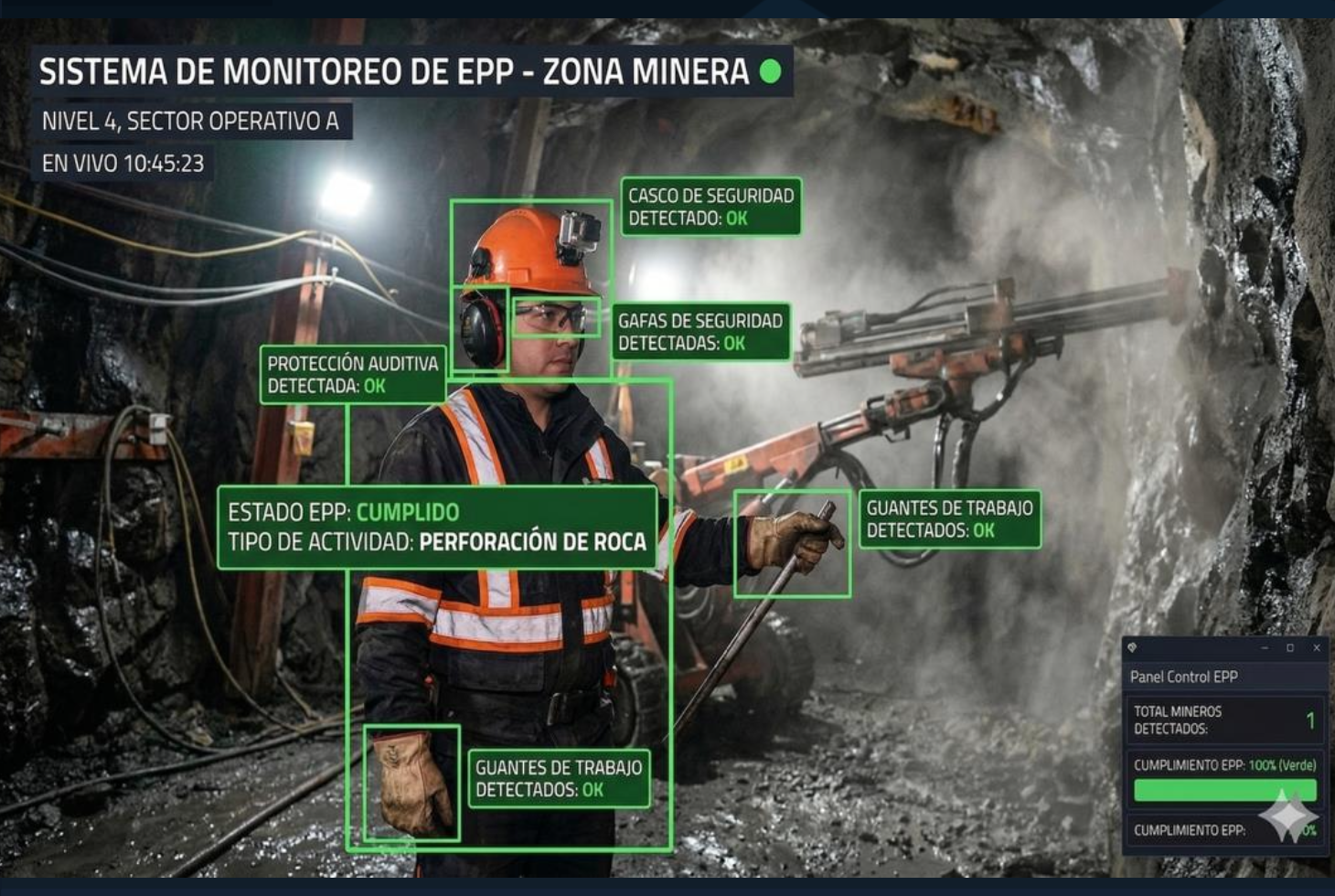 Sentinel IA verificando casco, gafas, protección auditiva y guantes de un trabajador en mina subterránea